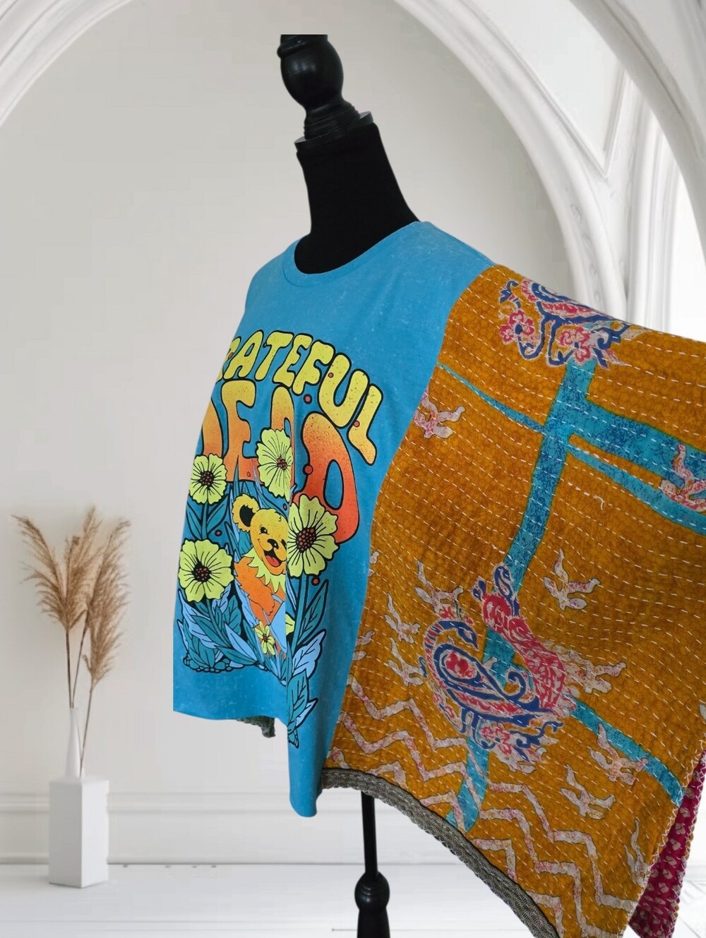 Upcycled Grateful Dead Band Tee With Kantha Sleeves, OS - Picture 3 of 7